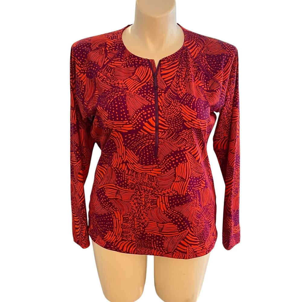 Garnet Hill Rash Guard Swim Shirt Womens XL Red Orange Abstract Print 1/2 Zip